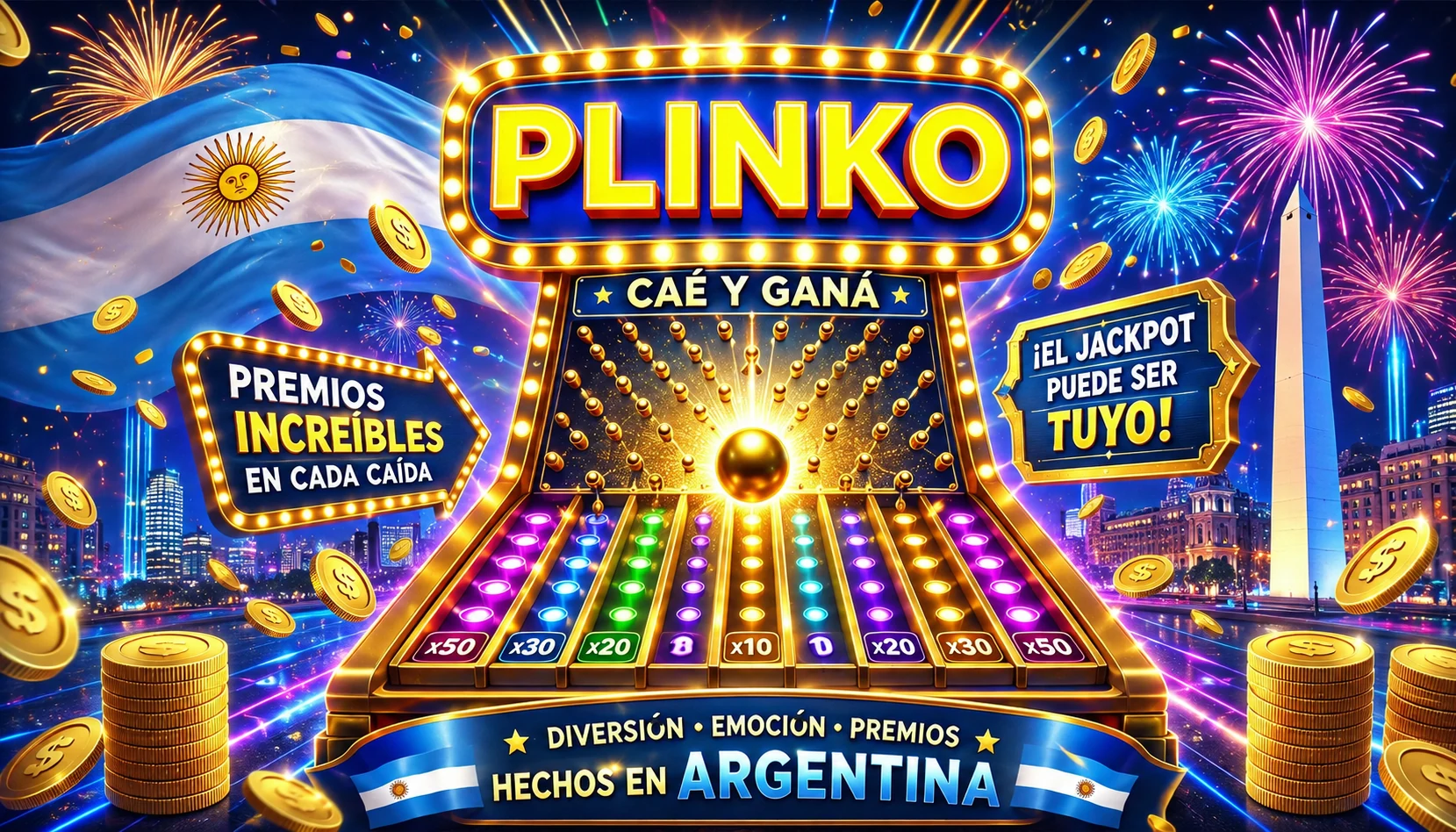 Banner con premios, monedas y bandera argentina